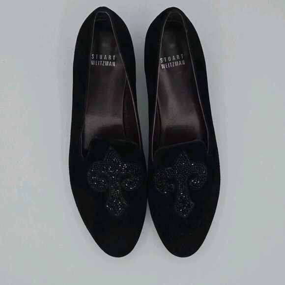 Stuart Weitzman Womens Sz 8 Narrow Lys Crystal Black Suede Fleur-de-lis - Picture 5 of 9